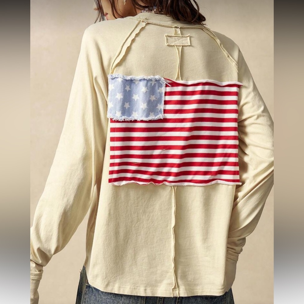 Boho Cream Long-Sleeve 100% Cotton Top - U. S. Flag on Back